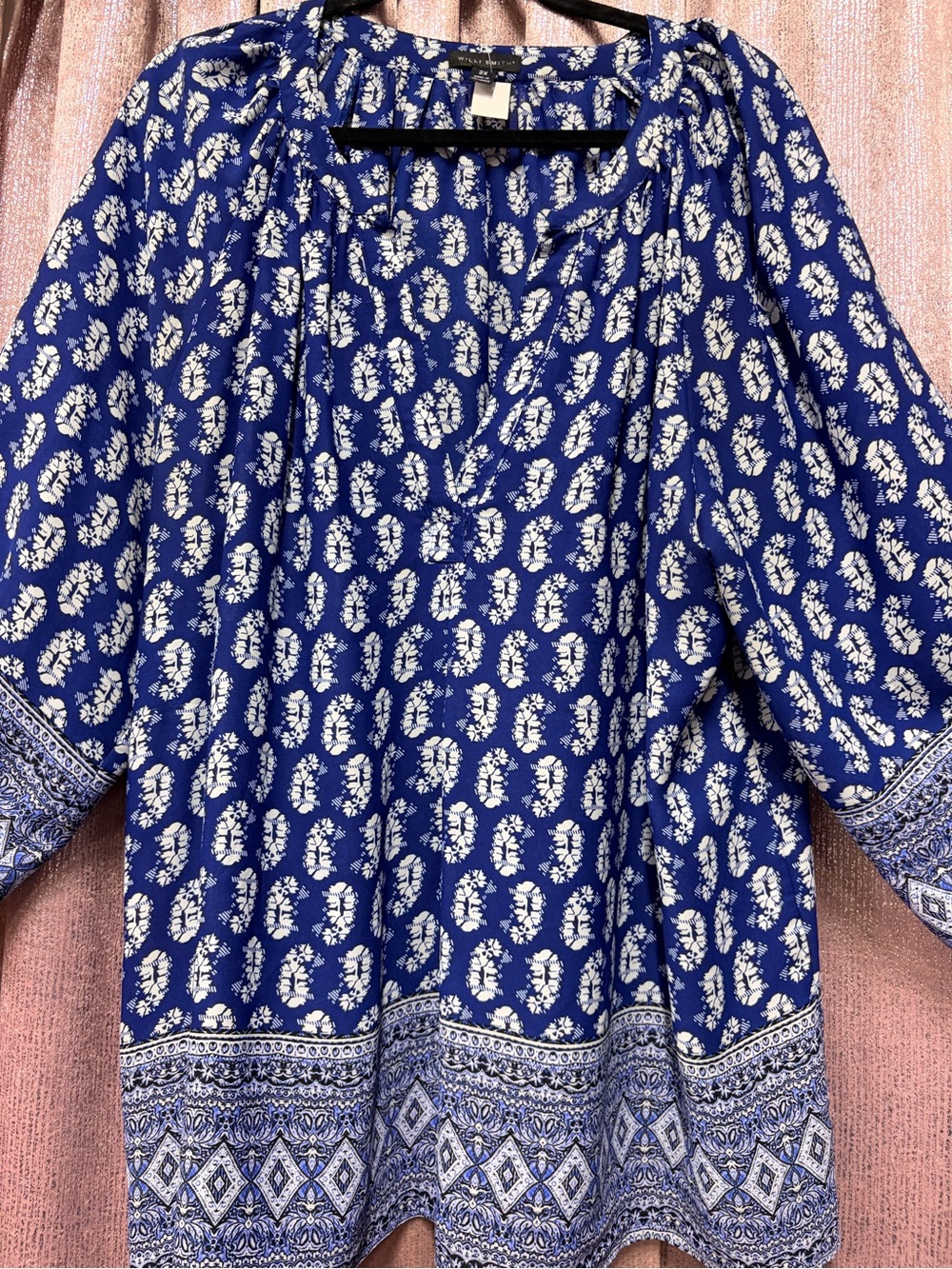 Blue Printed Women's Peasant Blouse - Picture 2 of 4